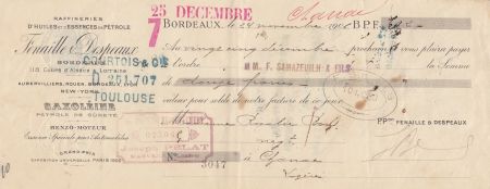 France 12 francs - Reçu de chèque de banque - Fenaille et Despeaux - 24-11-1906