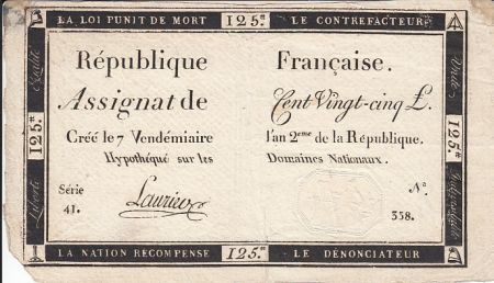 France 125 Livres - 7 Vendémiaire - l\'an 2eme de la République - Sign. Laurier
