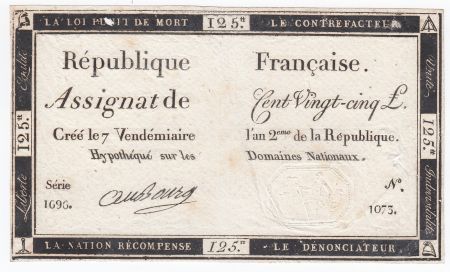 France 125 Livres - 7 Vendémiaire An II - 1793 - Sign. Aubourg - TB+