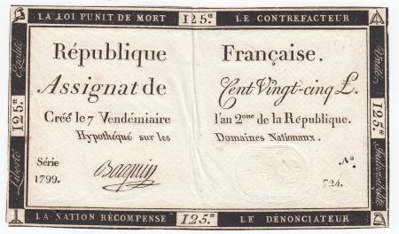 France 125 Livres - 7 Vendémiaire An II - 1793 - Sign. Bacquin - TTB