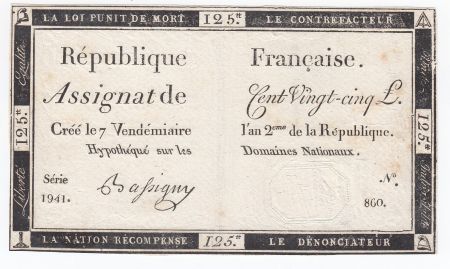 France 125 Livres - 7 Vendémiaire An II - 1793 - Sign. Bassigny - TTB