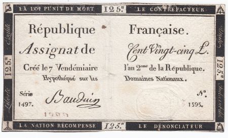 France 125 Livres - 7 Vendémiaire An II - 1793 - Sign. Bauduin - TB+