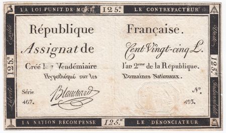 France 125 Livres - 7 Vendémiaire An II - 1793 - Sign. Blanchard - TTB
