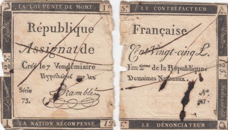 France 125 Livres - 7 Vendémiaire An II - 1793 - Sign. Bramblé - Faux