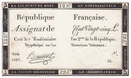 France 125 Livres - 7 Vendémiaire An II - 1793 - Sign. Brunet - TTB