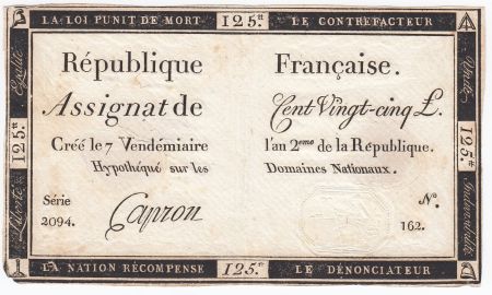 France 125 Livres - 7 Vendémiaire An II - 1793 - Sign. Capron - PTTB