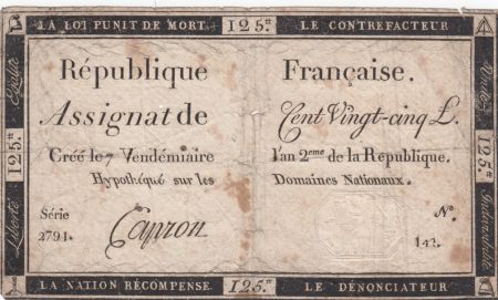 France 125 Livres - 7 Vendémiaire An II - 1793 - Sign. Capron
