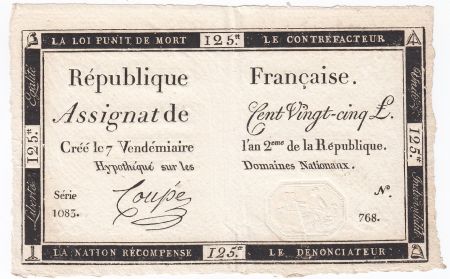 France 125 Livres - 7 Vendémiaire An II - 1793 - Sign. Coupé - SUP