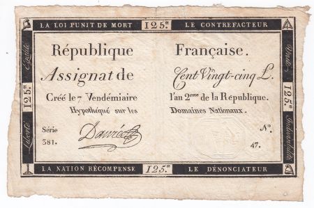 France 125 Livres - 7 Vendémiaire An II - 1793 - Sign. Daurée - TTB