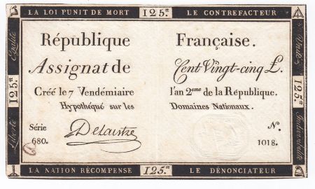 France 125 Livres - 7 Vendémiaire An II - 1793 - Sign. Delaistre - TTB+