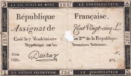 France 125 Livres - 7 Vendémiaire An II - 1793 - Sign. Deuraz