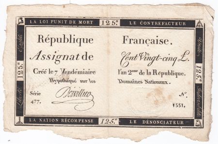 France 125 Livres - 7 Vendémiaire An II - 1793 - Sign. Doivillier - TTB