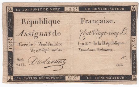 France 125 Livres - 7 Vendémiaire An II - 1793 - Sign. Du Laurent - B