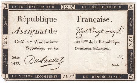 France 125 Livres - 7 Vendémiaire An II - 1793 - Sign. Du Laurent - PTTB