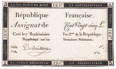 France 125 Livres - 7 Vendémiaire An II - 1793 - Sign. Dubuisson - TTB