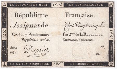 France 125 Livres - 7 Vendémiaire An II - 1793 - Sign. Dupriez - TTB