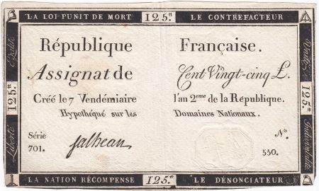 France 125 Livres - 7 Vendémiaire An II - 1793 - Sign. Falheau - TTB