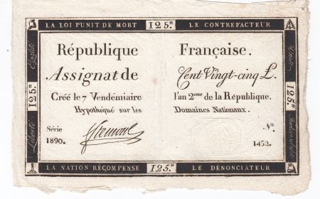 France 125 Livres - 7 Vendémiaire An II - 1793 - Sign. Ftemont - TTB