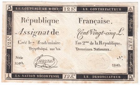 France 125 Livres - 7 Vendémiaire An II - 1793 - Sign. Furgaud - TTB