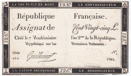 France 125 Livres - 7 Vendémiaire An II - 1793 - Sign. Guilleminet - TTB