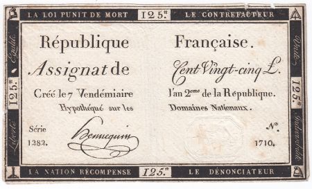 France 125 Livres - 7 Vendémiaire An II - 1793 - Sign. Hennequin - TTB