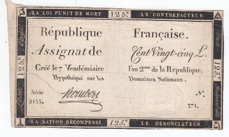 France 125 Livres - 7 Vendémiaire An II - 1793 - Sign. Hombert - PTB