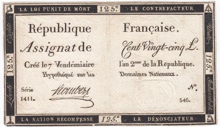 France 125 Livres - 7 Vendémiaire An II - 1793 - Sign. Hombert - TTB+