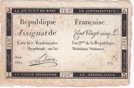 France 125 Livres - 7 Vendémiaire An II - 1793 - Sign. Lariviere - TTB