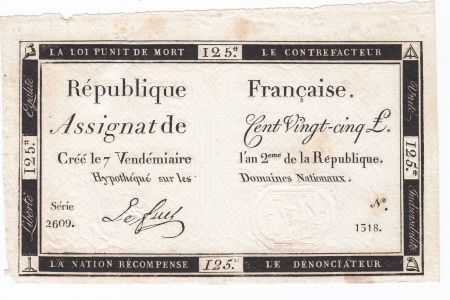 France 125 Livres - 7 Vendémiaire An II - 1793 - Sign. Le Fuel - TTB