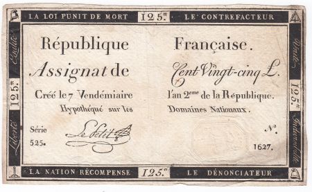 France 125 Livres - 7 Vendémiaire An II - 1793 - Sign. Le Petit - TB+