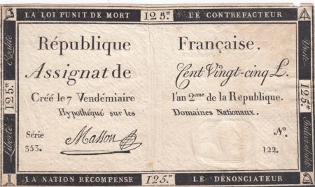 France 125 Livres - 7 Vendémiaire An II - 1793 - Sign. Masson