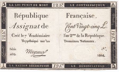 France 125 Livres - 7 Vendémiaire An II - 1793 - Sign. Mayraus - TB