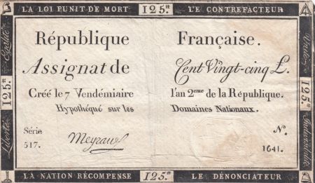 France 125 Livres - 7 Vendémiaire An II - 1793 - Sign. Meyraud