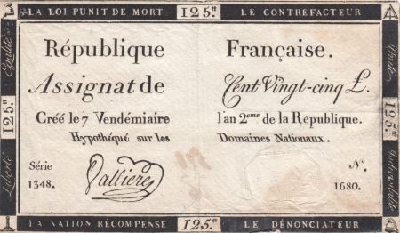 France 125 Livres - 7 Vendémiaire An II - 1793 - Sign. Valliere