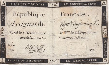 France 125 Livres 7 Vendemiaire An II - 28.9.1793 - Sign. Leclaireff
