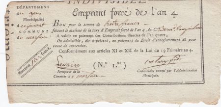 France 13 Francs Emprunt Forcé - An 4 (1796) - Gers Gimond - Marsan