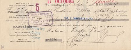 France 14.25 francs - Reçu de chèque de banque - Fenaille et Despeaux - 31-10-1908