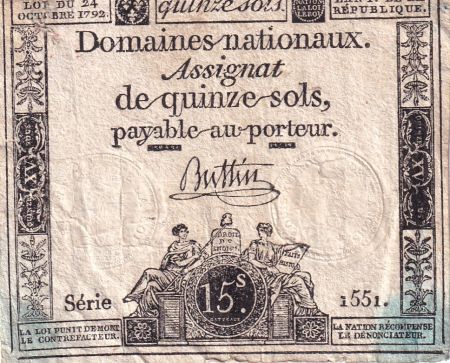 France 15 Sols - Liberté et Droit - 24-10-1792 - Sign. Buttin - Série 1551 - L.160