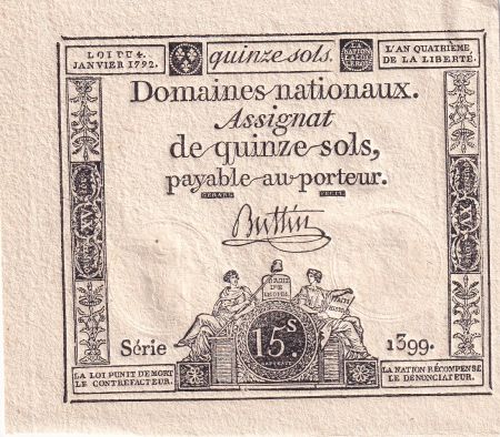 France 15 Sols - Liberté et Droit 04-01-1792 - Série 1399 - Sign. Buttin