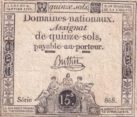 France 15 Sols - Liberté et Droit 04-01-1792 - Série 868 - Sign. Buttin