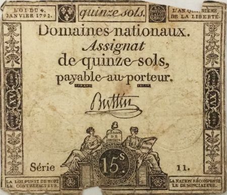 France 15 Sols Liberté et Droit (04-01-1792) - Sign. Buttin - Série 11 - B