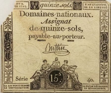 France 15 Sols Liberté et Droit (04-01-1792) - Sign. Buttin - Série 40 - B