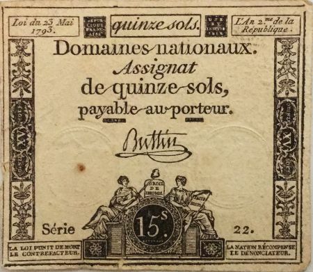 France 15 Sols Liberté et Droit (23-05-1793) - Filigrane La Nation - Sign. Buttin - Série 22 - TB+