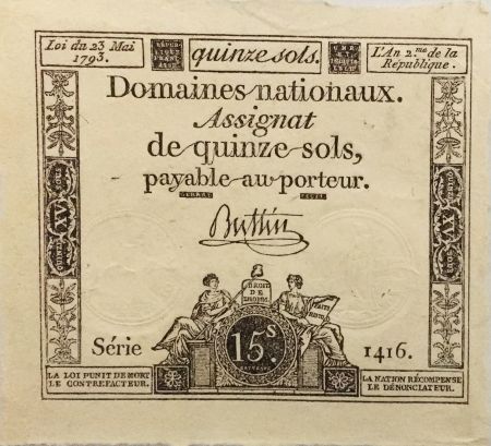 France 15 Sols Liberté et Droit (23-05-1793) - Sign. Buttin - Série 1416 - SUP