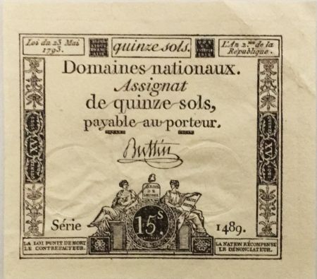 France 15 Sols Liberté et Droit (23-05-1793) - Sign. Buttin - Série 1489 - SUP+
