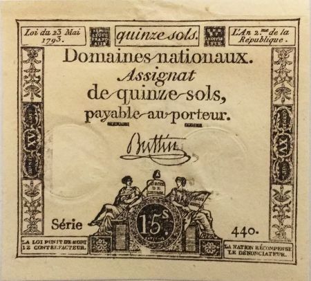 France 15 Sols Liberté et Droit (23-05-1793) - Sign. Buttin - Série 440 - TTB+