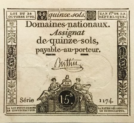 France 15 Sols Liberté et Droit (24-10-1792) - Sign. Buttin - Série 1174 - TTB+