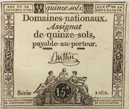 France 15 Sols Liberté et Droit (24-10-1792) - Sign. Buttin - Série 1262 - TB+