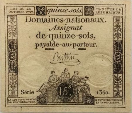 France 15 Sols Liberté et Droit (24-10-1792) - Sign. Buttin - Série 1360 - SUP