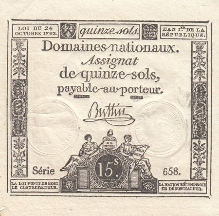 France 15 Sols Liberté et Droit (24-10-1792) - Sign. Buttin - Série 658